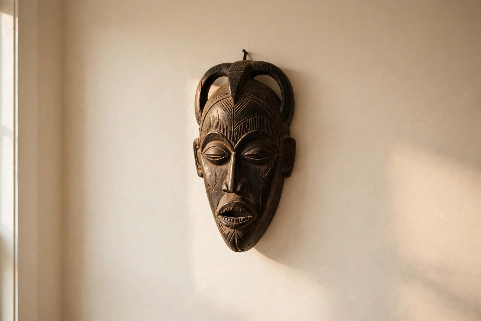 Hand-carved dark wood African wall mask hanging at eye level on a cream wall