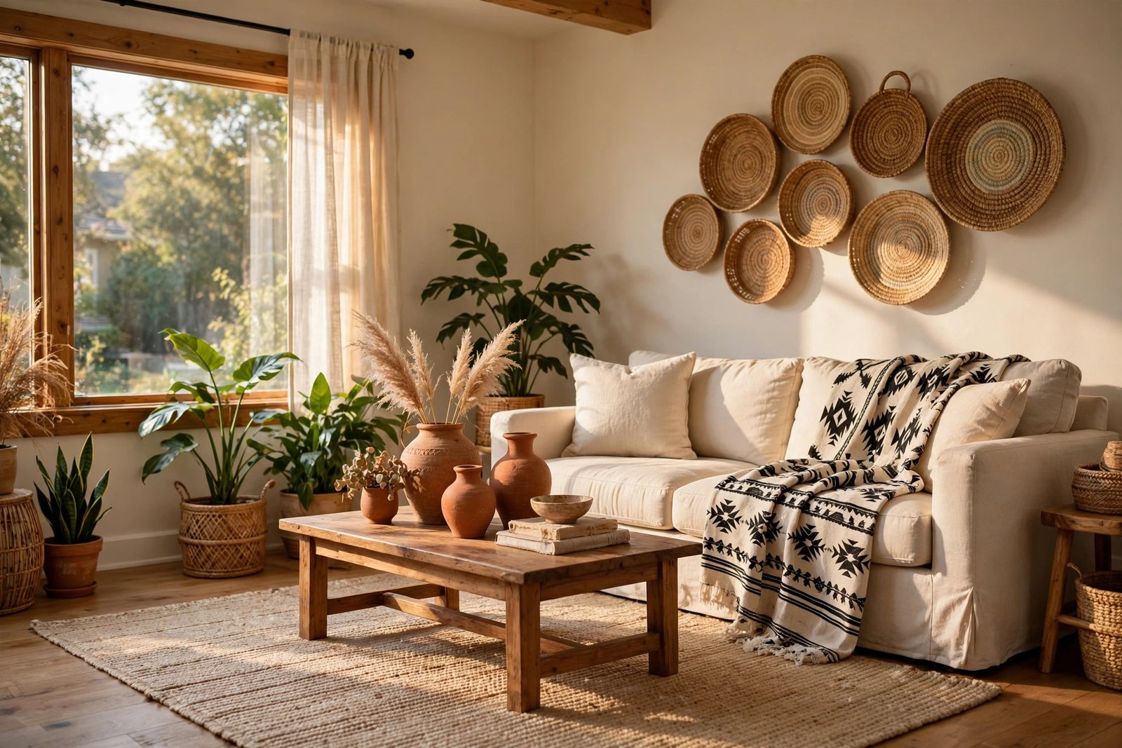 Afrohemian living room with a cream sofa, mudcloth throw, woven basket wall, terracotta vases and a jute rug