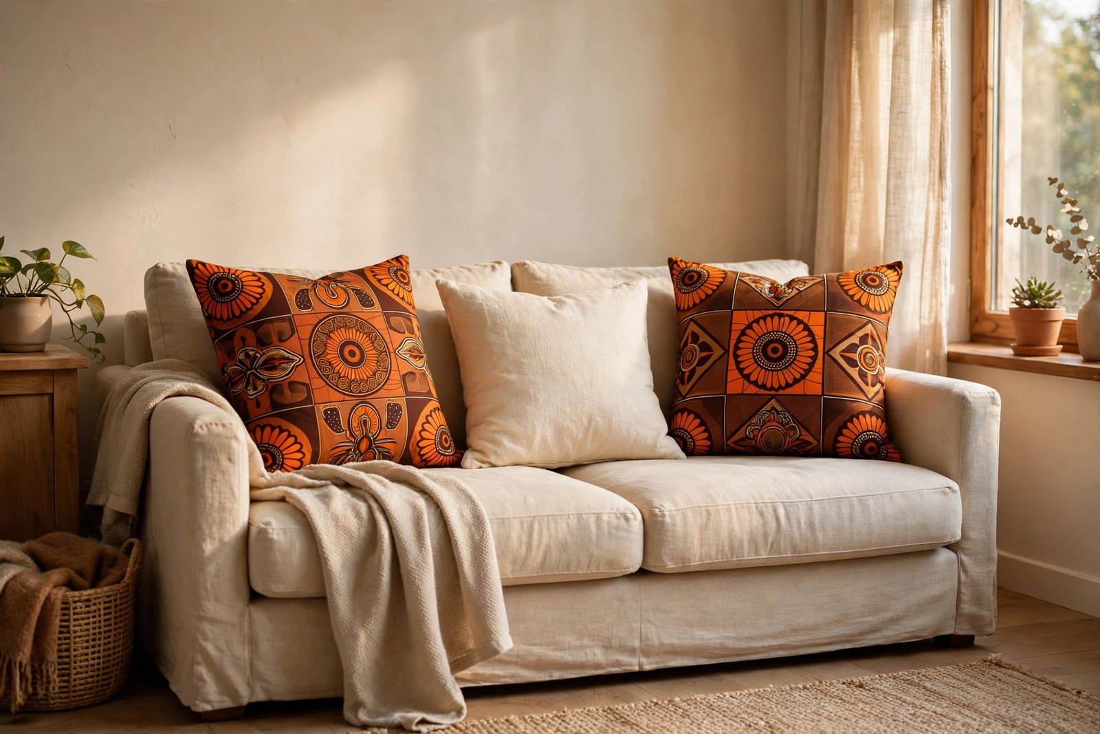 Orange and brown Ankara print pillow covers paired with a cream linen cushion on a sofa