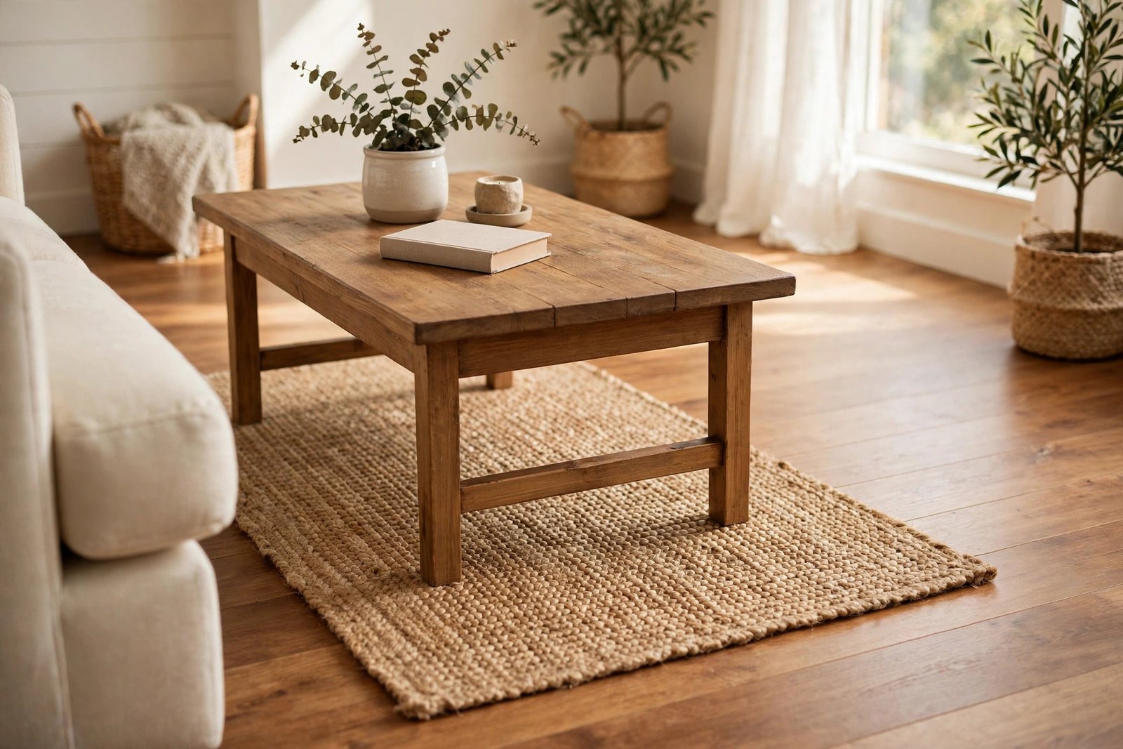 Small natural jute rug layered under a coffee table on a warm wood floor