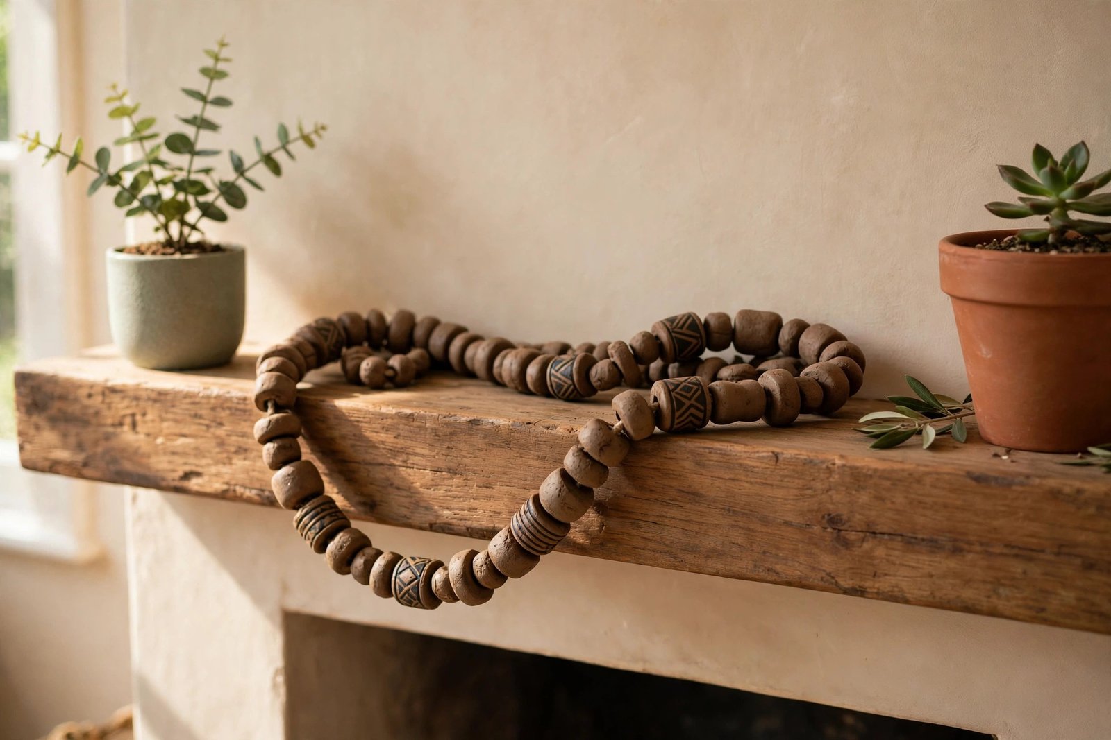 Strand of African mud clay beads draped across a wooden mantel with a small plant