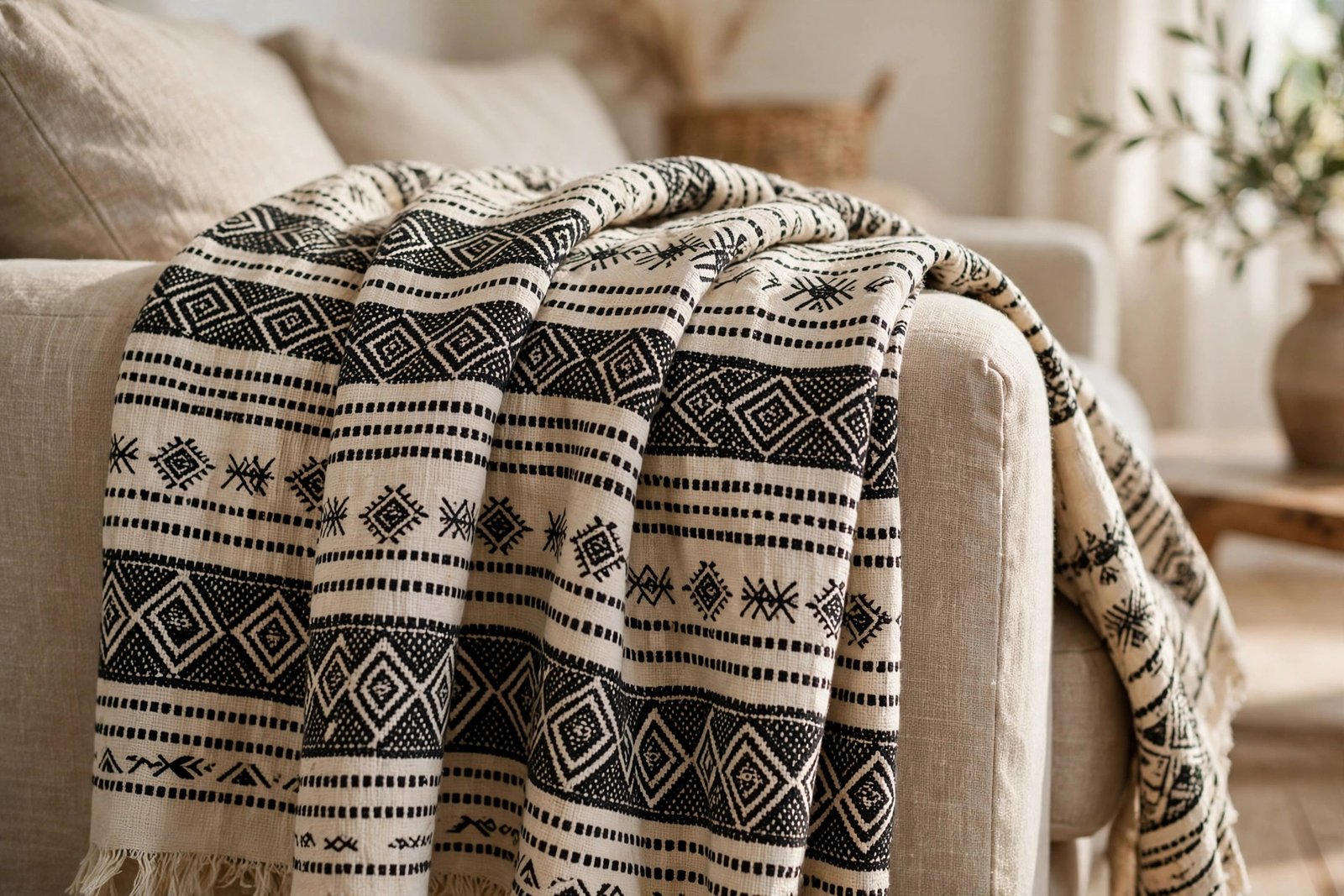Black and cream mudcloth throw blanket draped over the arm of a beige sofa