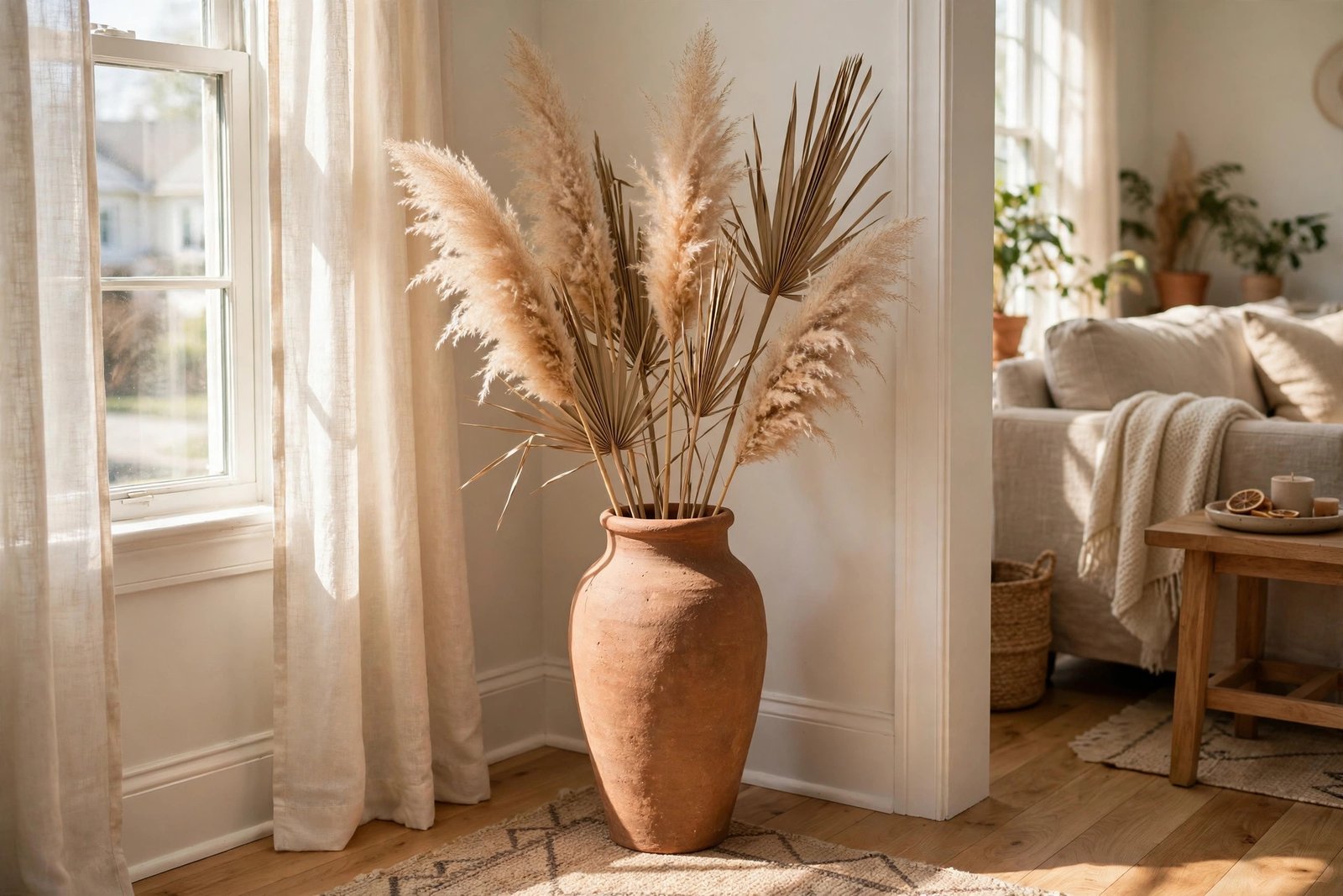 Dried pampas grass and palm spears arranged in a tall terracotta floor vase