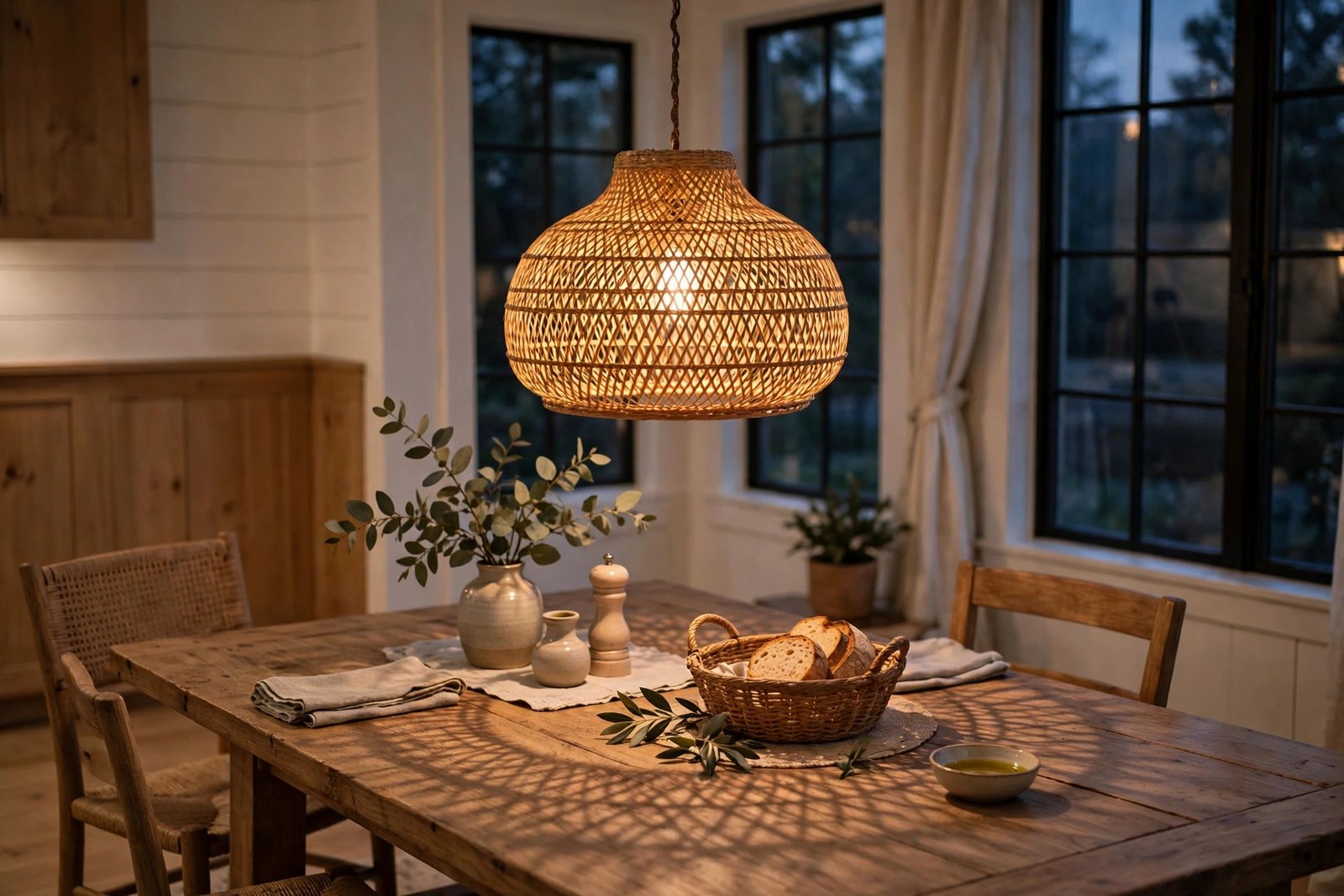 Woven rattan pendant light shade glowing warmly above a dining table