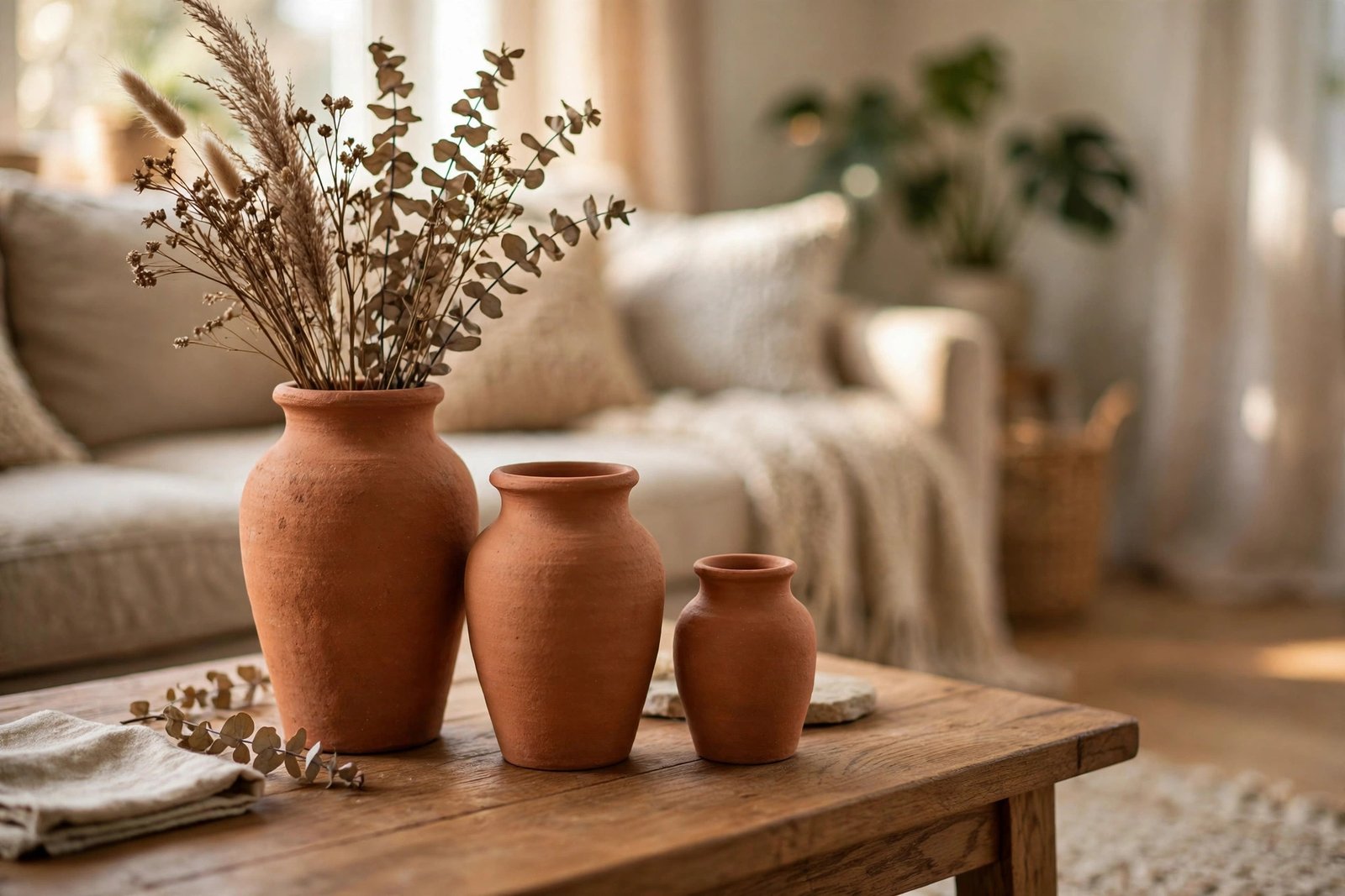 Three terracotta vases in different heights with dried stems on a wooden coffee table