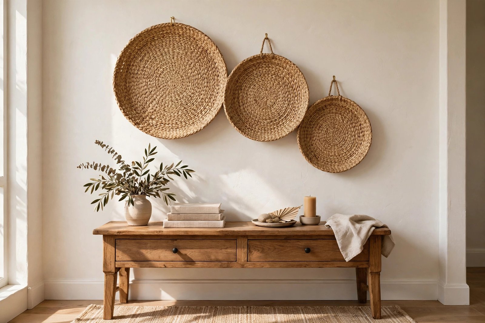 Cluster of three woven seagrass baskets in different sizes hanging on a warm white wall